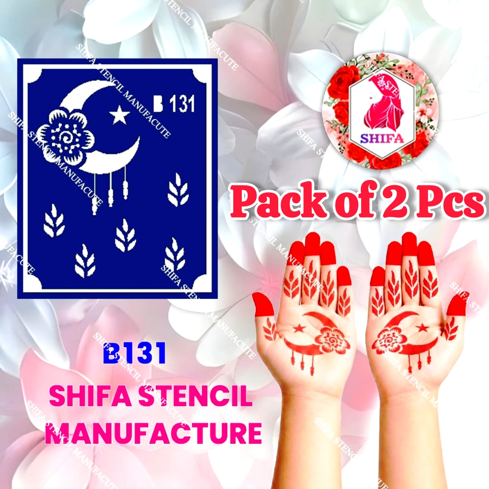 B131 (age 5 to 10) Moonlit Blossom Charm Double Hand Henna Stencil - Shifa Stencil